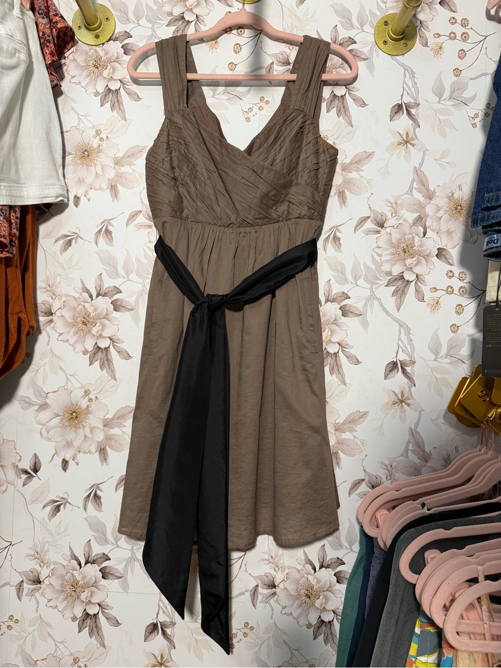 Anthropologie Maeve Brown Midi Dress with Black Waist Sash ❤️